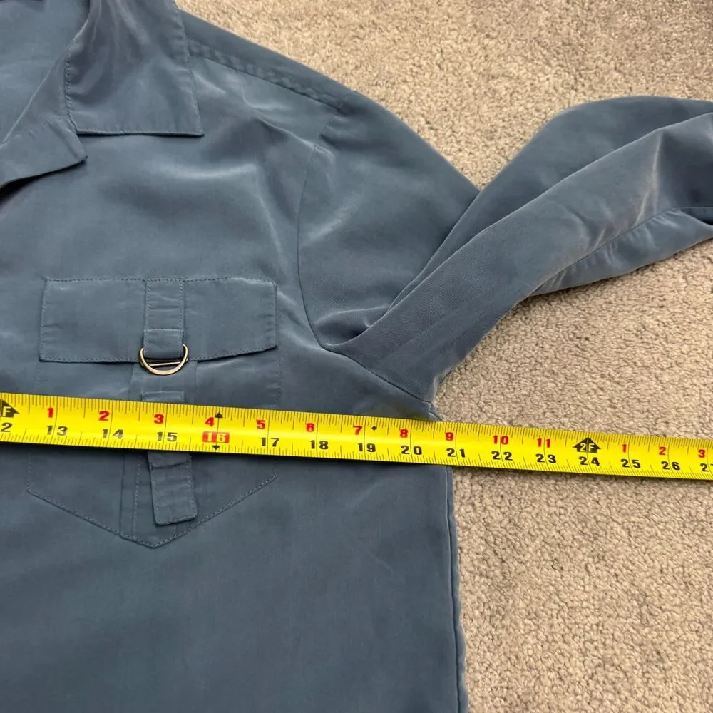 Vintage Rafaella Utility Safari Button Down Shirt Womens Medium Blue Rayon Top